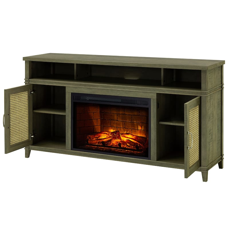 Pleasant Hearth Tahoe 60 in. ITV Stand with Electric Fireplace Grey Finish with Wicker Doors - 60"