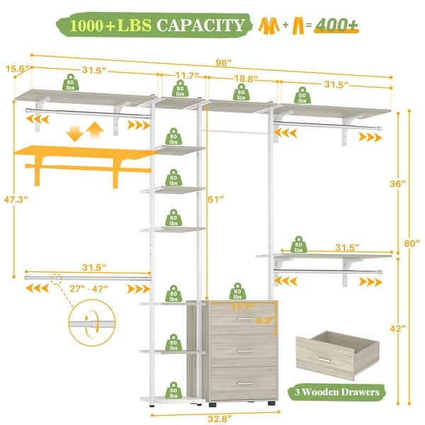 dimension image slide 6 of 7, 96'' Wide Heavy-duty Closet Organizer, Walk-in Closet System with Drawers and Tower Kit