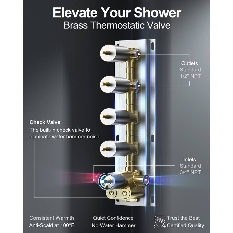 GRANDJOY Luxury Shower Faucets 22" LED Ceiling Mount Rainfall Shower Head System with 6 Body Jets