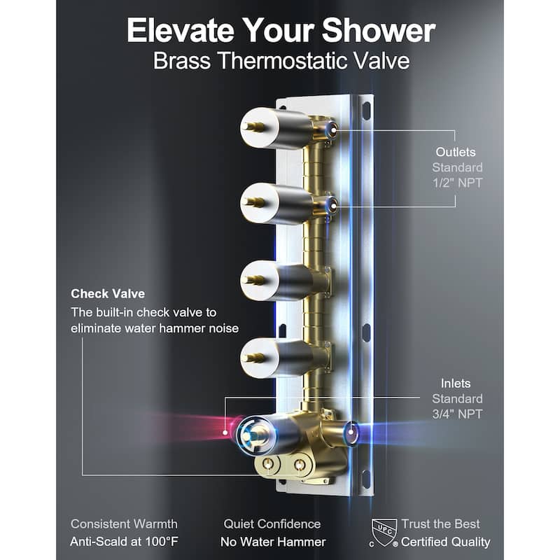 GRANDJOY Luxury Shower Faucets 23" LED Ceiling Mount Showerhead System with 6 Body Jets