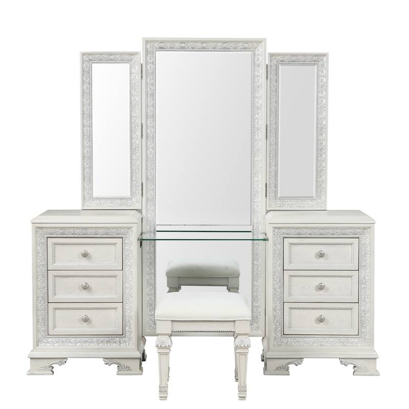 Furniture of America Fornan Traditional Creamy White Solid Wood 6-Drawer Vanity Set with LED Light and Power Outlet