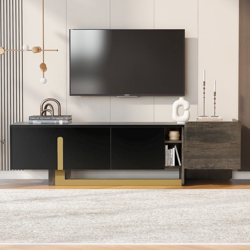 66.7 inch TV Stand Media Console for TVs up to 70", Light Luxury Cabinet with Metal Legs, 2 Doors & 1 Drawer - Black