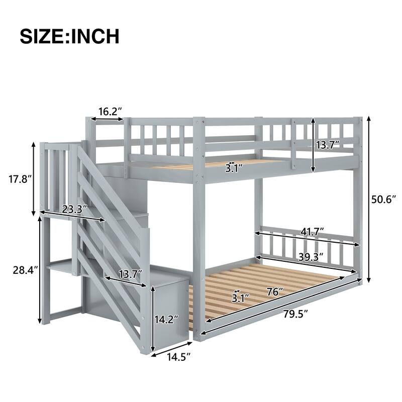 Twin Over Twin Floor Bunk Bed with Storage Stairs, Solid Pinewood Bunkbeds w/Safety Guardrails, No Box Spring Needed, Noise Free