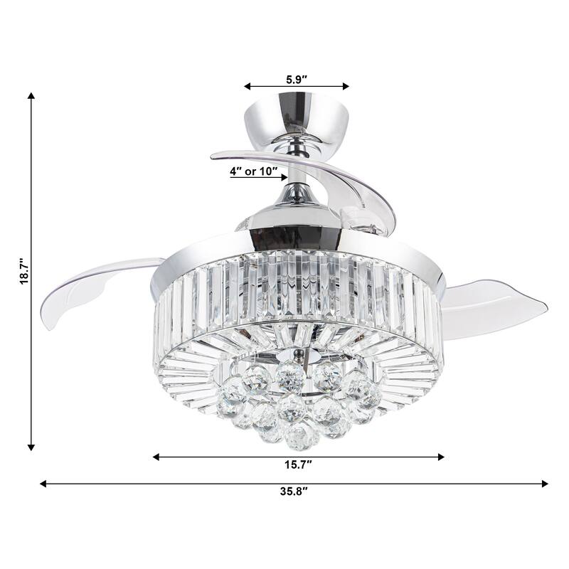 36-in Modern 3-Blade Chrome Retractable Crystal Chandelier Ceiling Fan with Remote and Light Kit - 36-in W x 18.8-in H