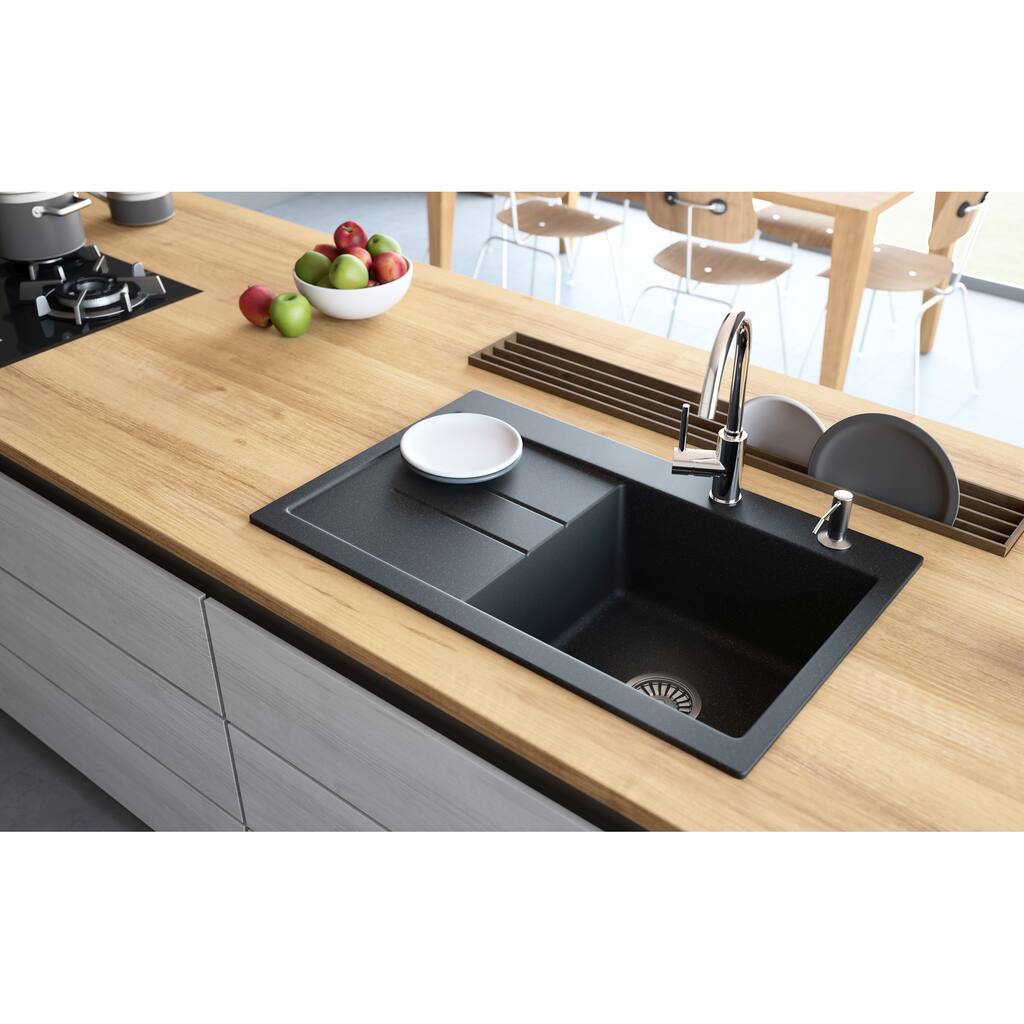 Lavello Granite Composite 31" Drop in with Drainboard Single Bowl Kitchen Sink Delux Left-1 Hole