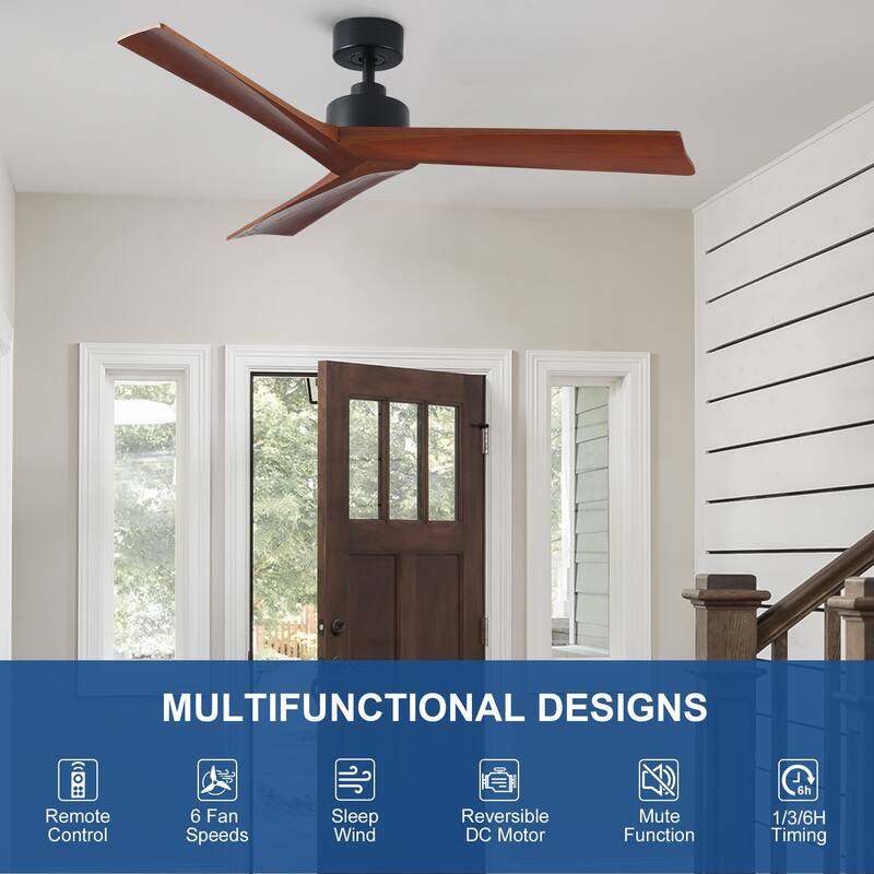 YUHAO SylvanAir Modern 52 in. Flush Mount Outdoor/Indoor Ceiling Fan with 3 Solid Wood Blades and DC Reversible Motor