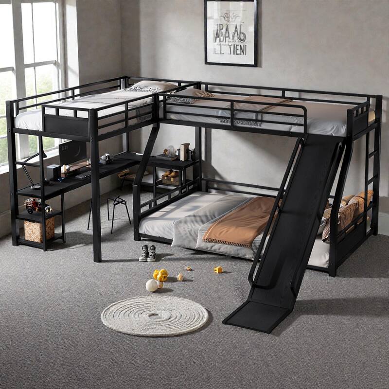 Metal Triple Bunk Bed with L-Shaped Desk, Storage Shelves & Slide, Twin/Twin XL over Full/Queen Space-Saving Loft Design - Black - Queen