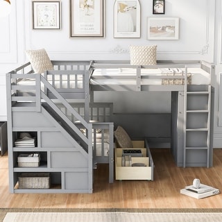 L-Shaped Twin over Full Bunk Bed with Storage, Desk, and Wardrobe, Grey