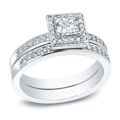 Auriya Platinum 1/2ctw Princess-cut Halo Diamond Engagement Ring Set