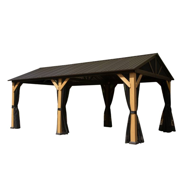 12x20 Cedar Wood Gazebo with Steel Roof for Outdoor Backyard Patio Pool Wind Snow Resistant - Natural Wood