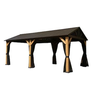 12x20 Cedar Wood Gazebo with Steel Roof for Outdoor Backyard Patio Pool Wind Snow Resistant