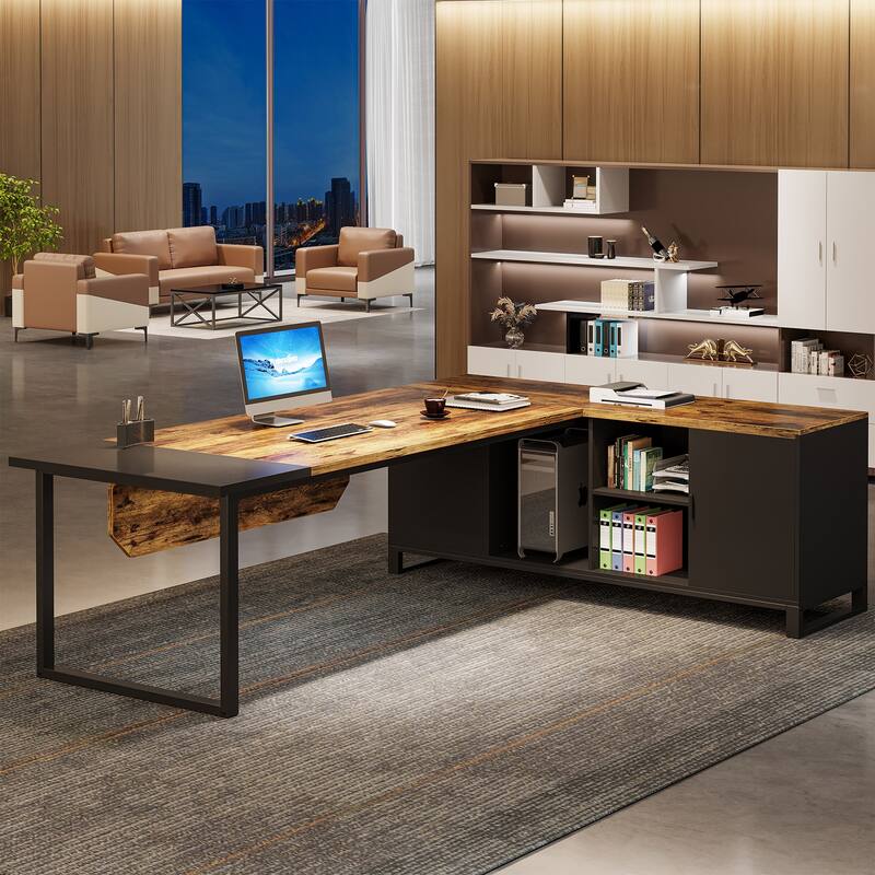 70.8-Inch Executive Desk with 55-Inch File Cabinet, Large L Shaped Computer Desk with Storage Cabinet and Shelves