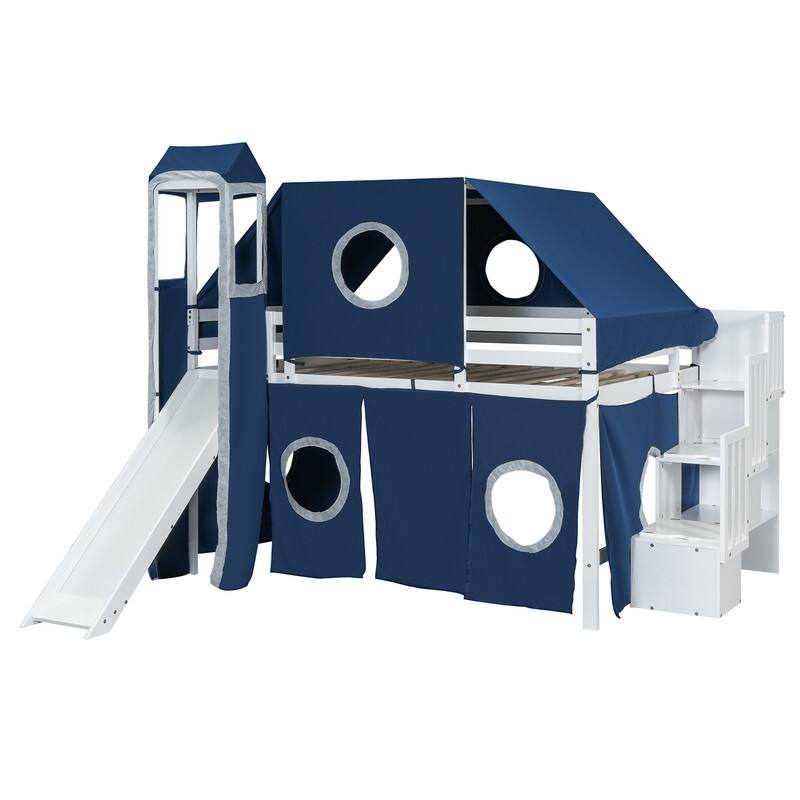 Full Size Loft Bed with Slide, Tent and Tower