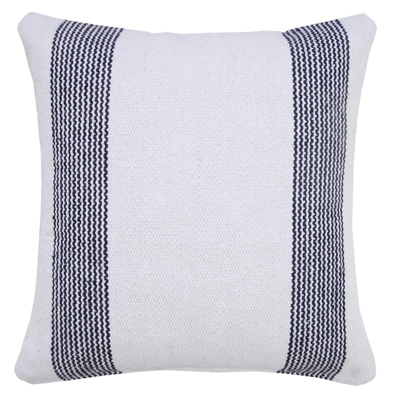 Handwoven Geometric Striped Cotton Throw Pillow Cover - 20" - Navy Blue and White