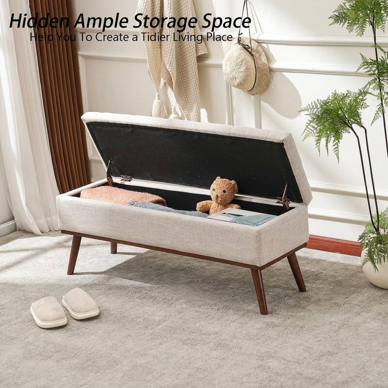 Linen Storage Ottoman Bench with Wood Legs, Upholstered Entryway Bench Tufted Mid Century Modern Ottoman Bedroom End of Bed