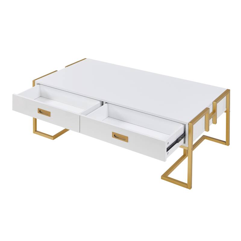 Roomfitters Modern Rectangular Coffee Table with Gold Base, 4 Storage Drawers, High Gloss Finish, 47.3"