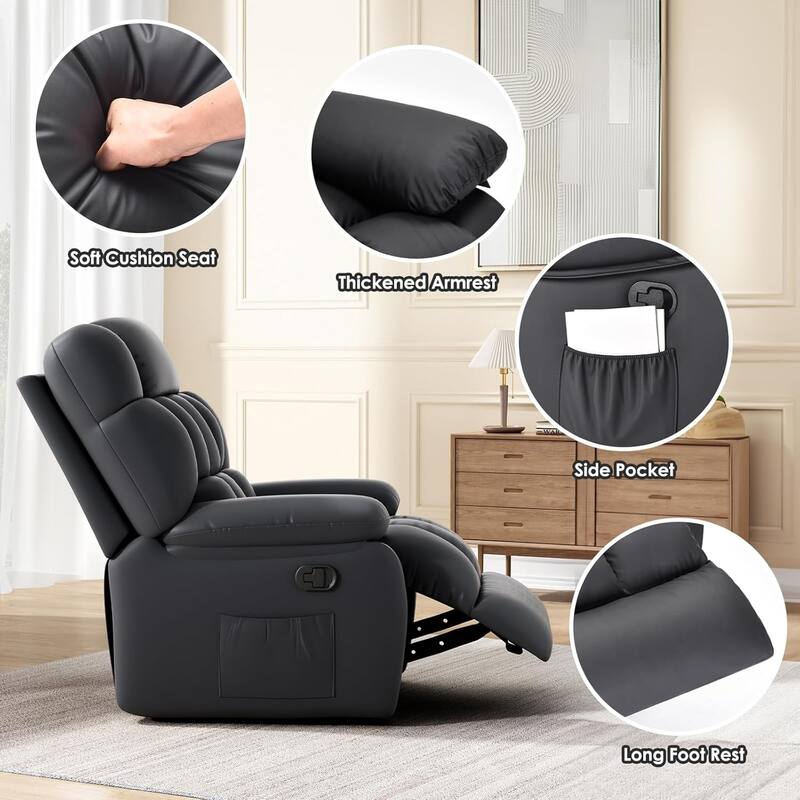 Upholstered Rocker Recliner Chair with Side Pocket, Ergonomic 110°-160°Adjustable Reclining Chairs, Sofa Chair with Footrest