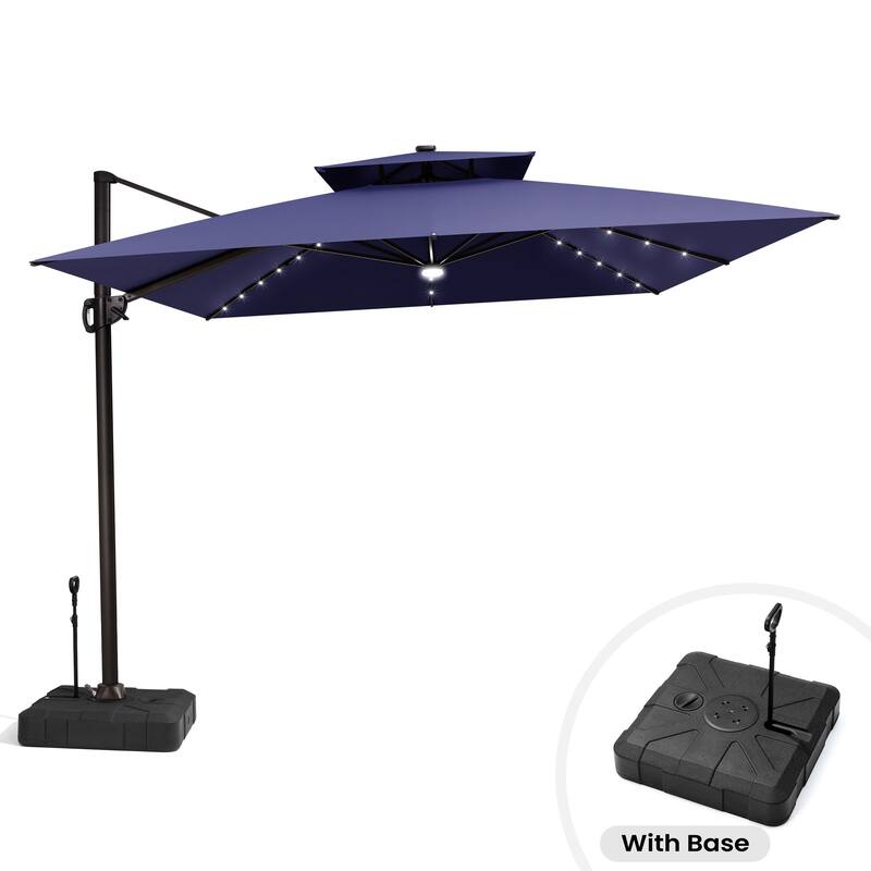 11 ft Outdoor Aluminum Dual Top Solar Powered LED Patio Cantilever Umbrella and Weighted Base with Wheels and Drag Rod - Navy Blue
