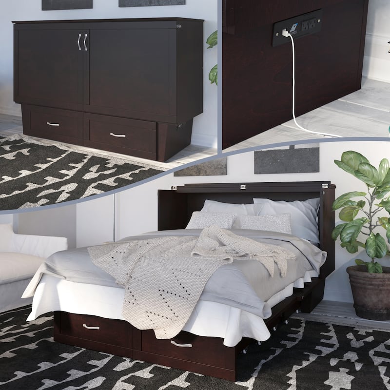 Monroe Queen Murphy Bed Chest with 6" Mattress, Storage Drawer & Built-In Charger in Espresso