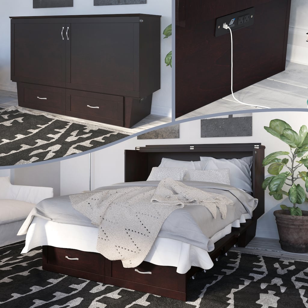 Monroe Queen Murphy Bed Chest with 6" Mattress, Storage Drawer & Built-In Charger in Espresso