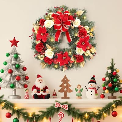 24 Inch Pre-Lit Front Door Christmas Wreath with Red Bow, Lights - N/A