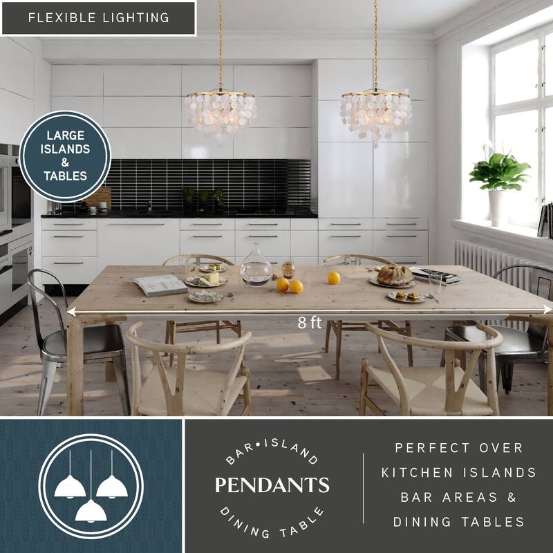 Elsa 3 Light Gold Brass Modern Coastal Glam Pendant Fixture with Capiz Shells - 19.75-in W x 18.5-in H x 19.75-in D