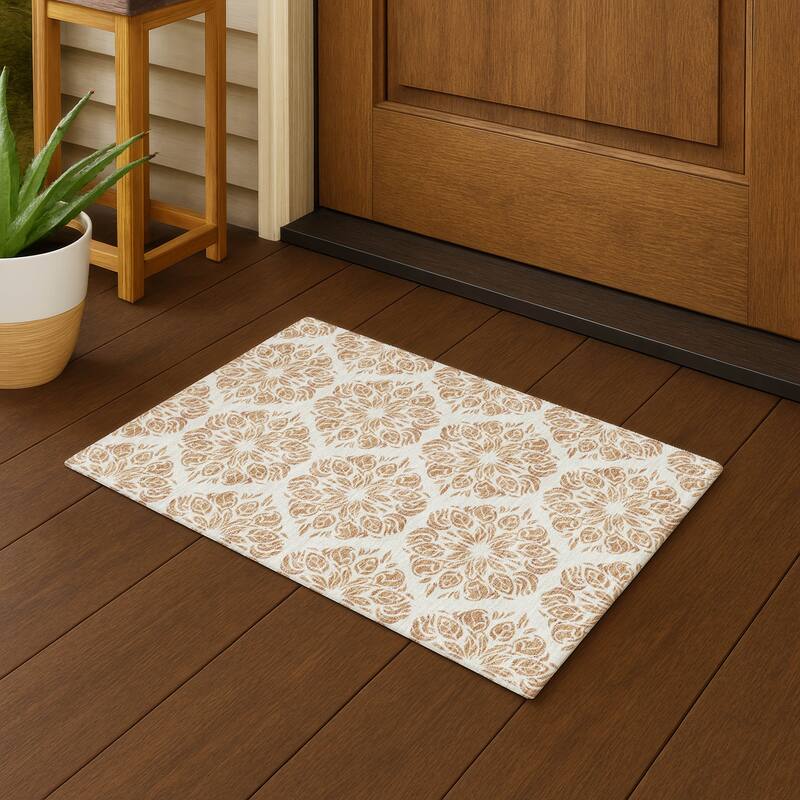 Machine Washable Indoor/ Outdoor Damask Pearl Chantille Rug - Copper - 1'8" x 2'6"