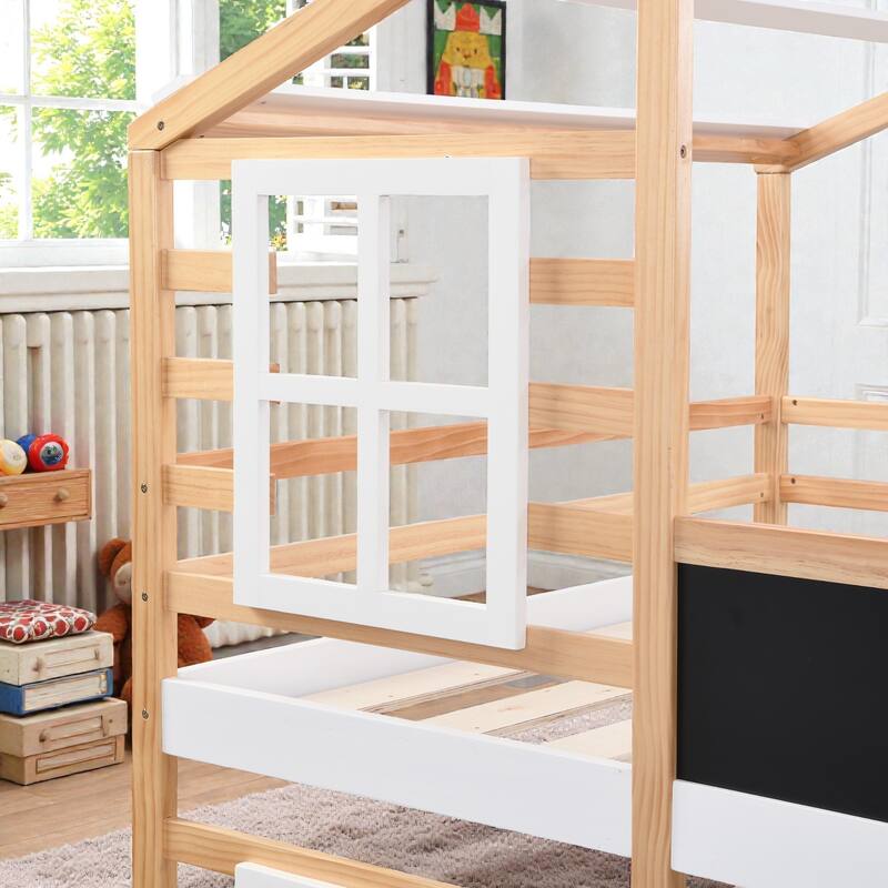 Full over Full / Twin over Twin House Bunk Bed with Roof, Windows, Blackboard, Storage Stairs, Solid Wood Frame