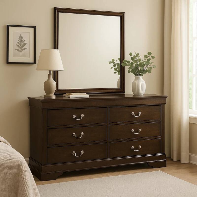 Nim Wide Dresser and Mirror with Molded Trim, 6 Drawers, Dark Brown