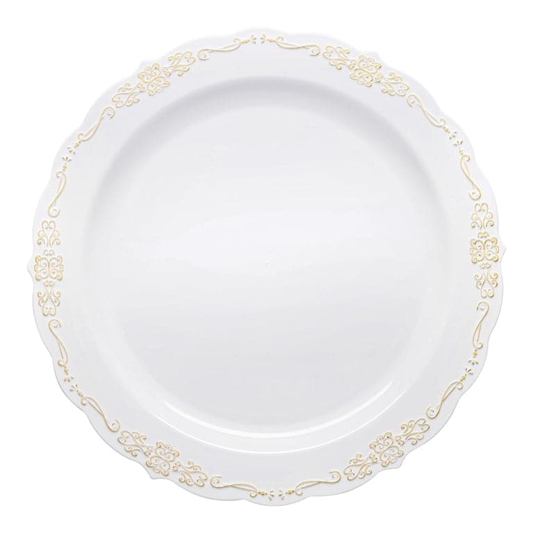 Vintage Rim Round Disposable Plastic Plate Packs - Party Supplies - 120pcs - Dinner Plates - White with Gold Rim