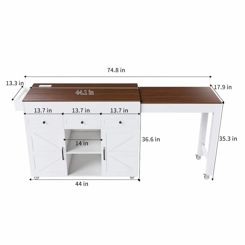 74.8" Kitchen Island with Extendable Dining Table & Power Outlet