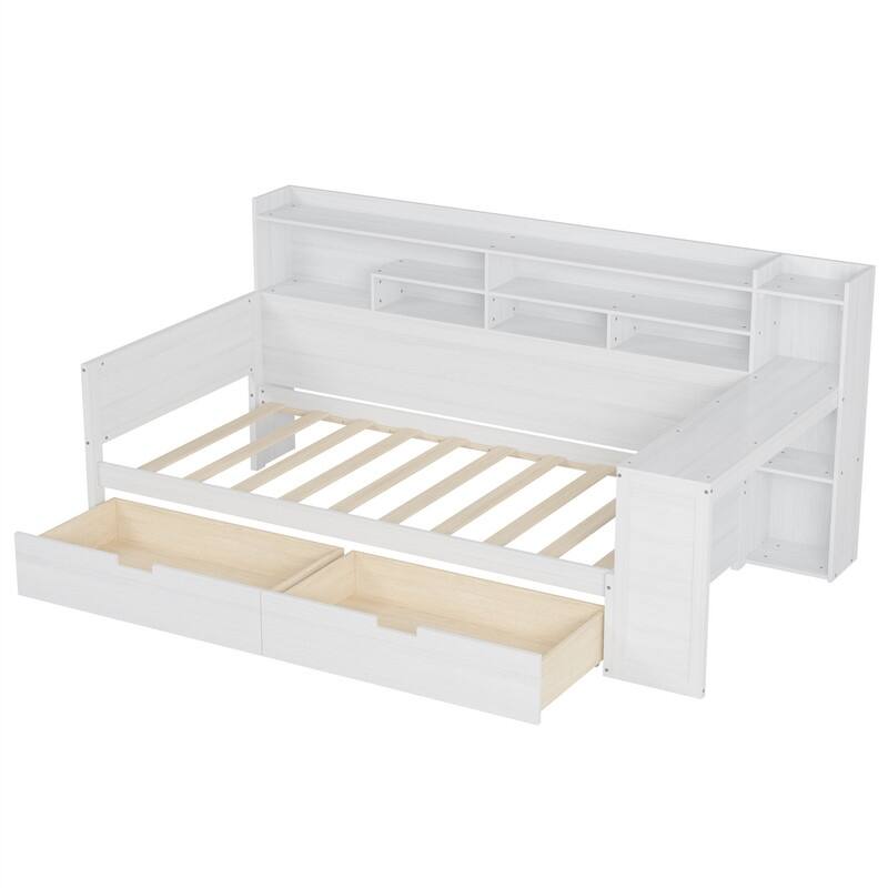Twin/Full Size Daybed with 2 Storage Drawers and Study Desk, Wooden Multi-functional Sofa Bed Frame with Storage Shelves