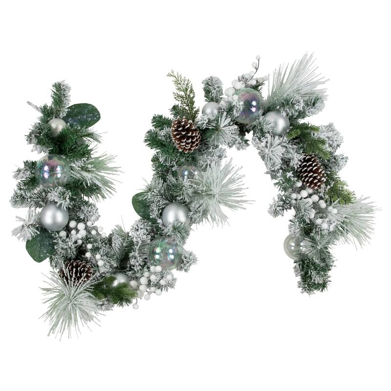 6' Flocked Pine Artificial Christmas Garland with Iridescent Ornaments Unlit