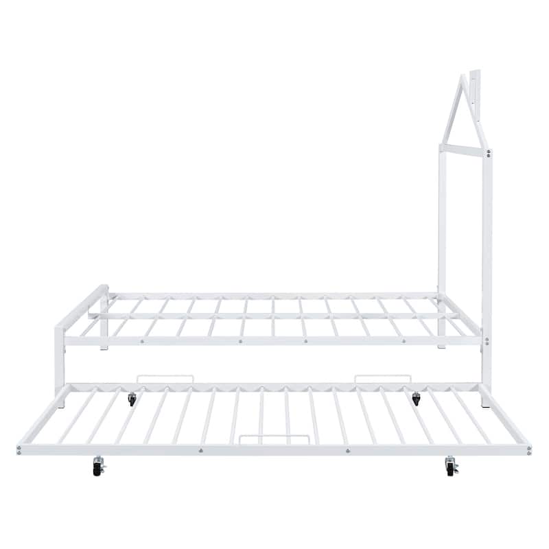 Full Size House Shaped Metal Platform Bed with Trundle