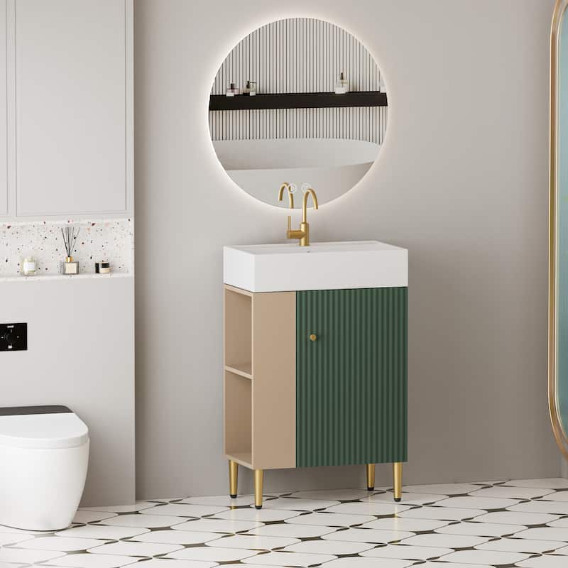 Open-shelving Bathroom Vanity with Ceramic Sink and Soft-Closing Door, Cloakroom Open Shelf Storage Cabinet on the Left Side