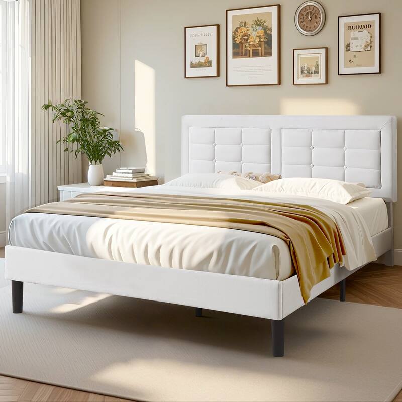 VECELO Bed Frame with Adjustable Headboard Upholstered Button Tufted Platform Bedframe with Wood Slats Support - White - Queen