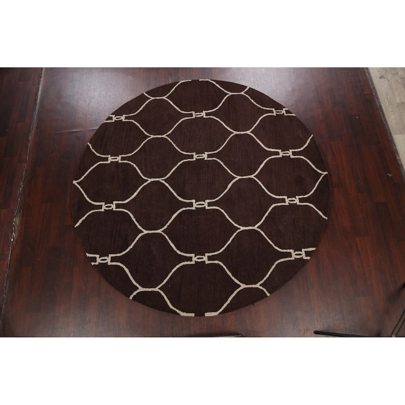 Trellis Brown Contemporary Oriental Area Rug Hand-tufted Wool Carpet - 8'0" x 8'0" Round