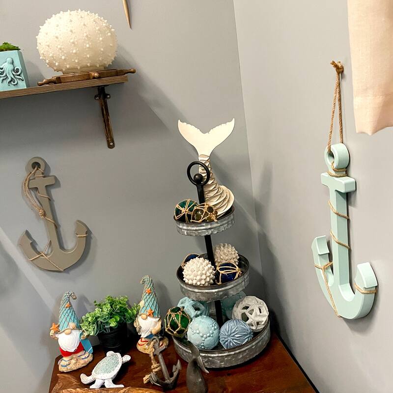 Set Of 2 Wood Nautical Wall Anchors 15In Rope Beach Coastal Decor Blue