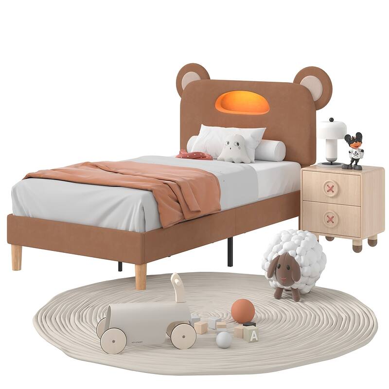 Javlergo Twin Size Upholstered Platform Bed Frame with Bear Ears Headboard and Light, Kids Bed Set of 2
