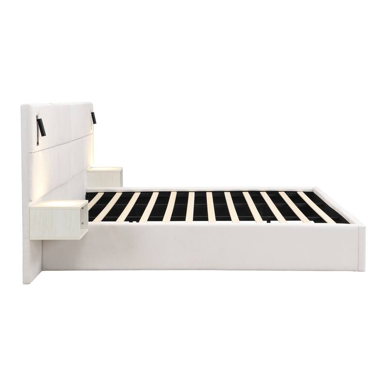 Christopher Knight Home - Mid-Century Modern Chenille Upholstered Smart Bed with Reading Lights & Built-In Shelves