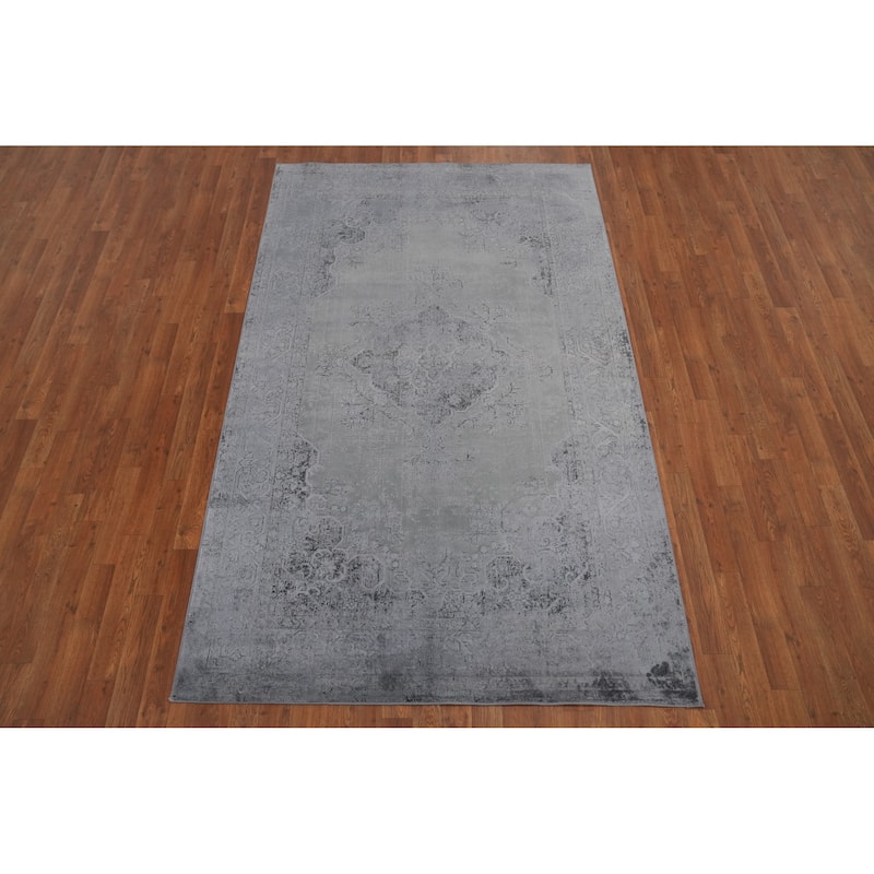 Machine Made Oriental Polyester Carpet Traditional Medallion Greys & Charcoal Tabriz Area Rug - 8' 0'' X 4' 9''