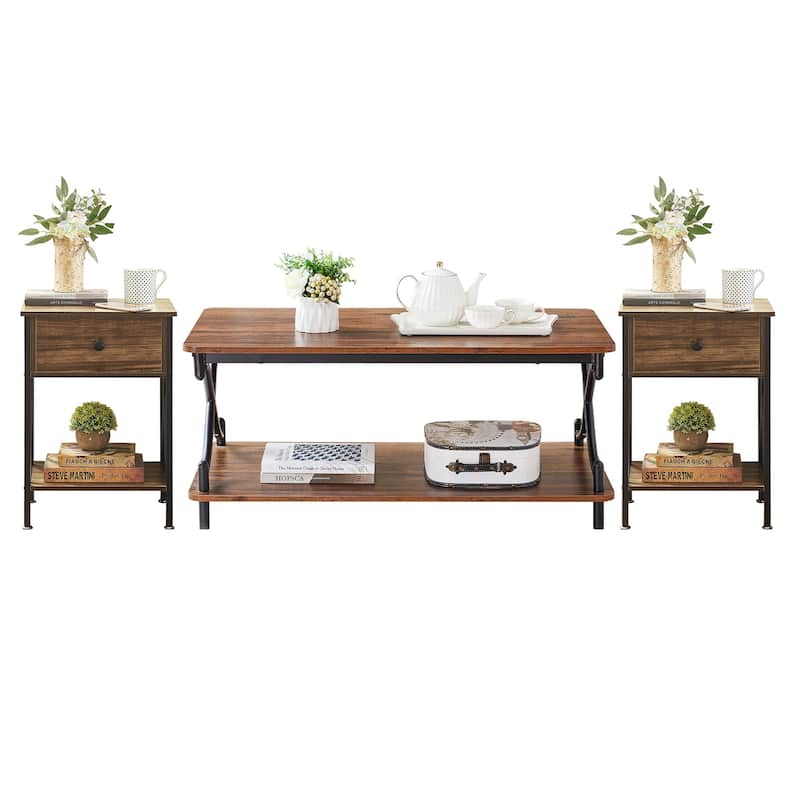 VECELO 3-piece Coffee Table Set with Shelf, Coffee Table with Set of 2 Nightstands - Brown Sets