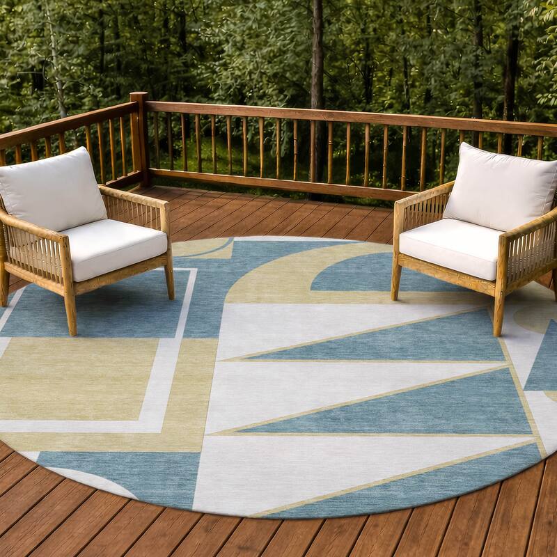 Machine Washable Indoor/ Outdoor Modern Crowley Chantille Rug - Teal - 8' x 8'