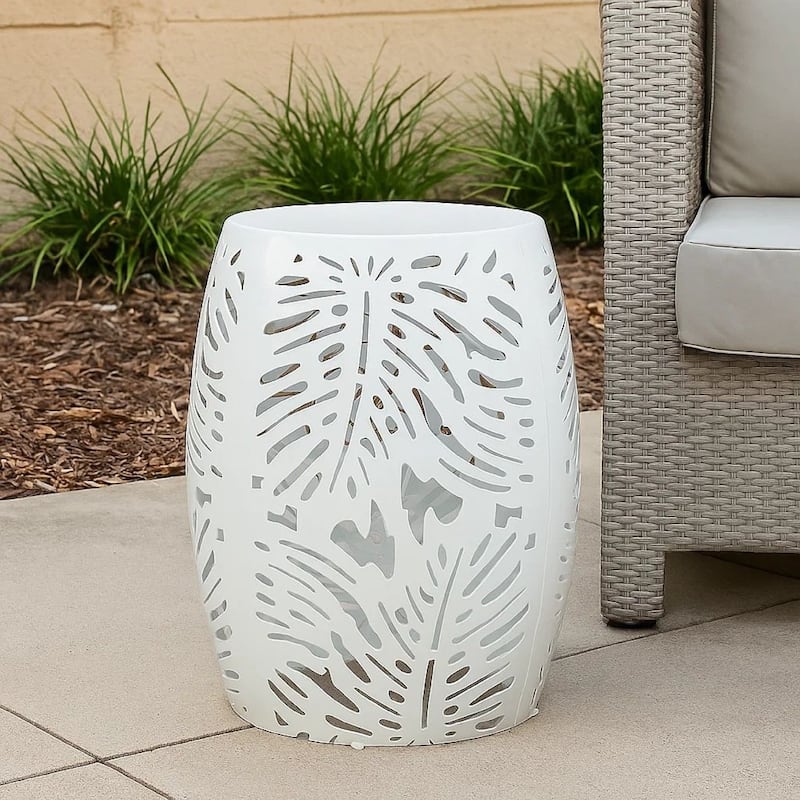 Miami Outdoor End Table Stool, Palm Leaf Pattern, White Iron, 17 Inch