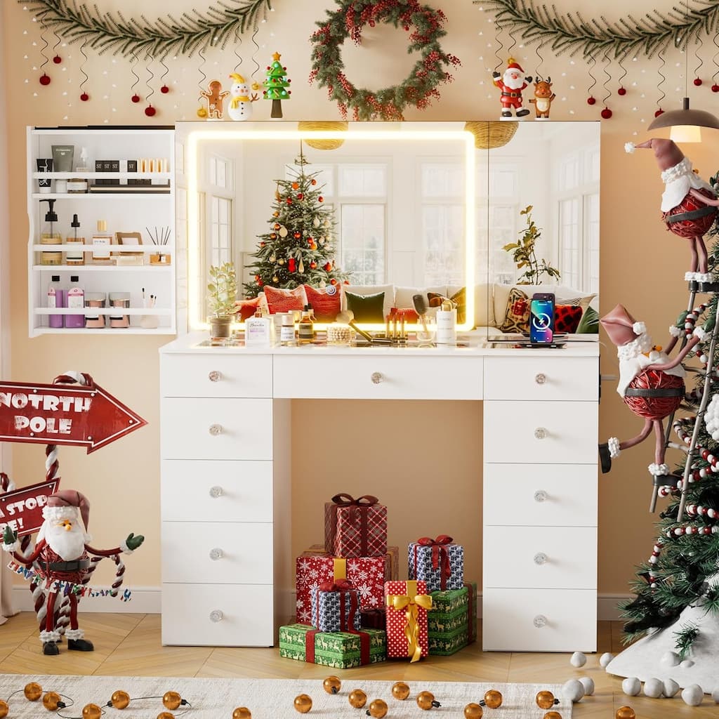 PAKASEPT Vanity Set with Lighted Mirror, Large Vanity Desk with Charging Station