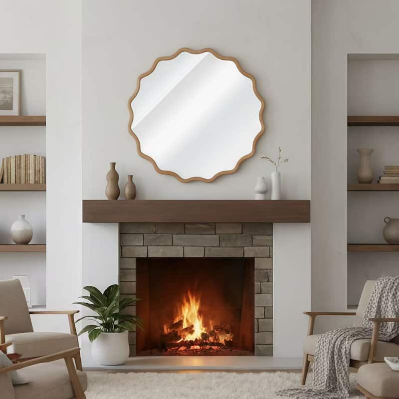 24 inch Wavy Round Solid Wood Frame Decorative Mirror