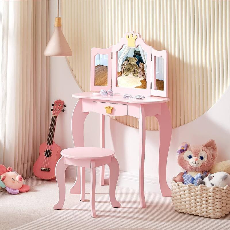 Kids Vanity Table with Tri-Folding Mirror & Drawer Makeup Desk - Pink
