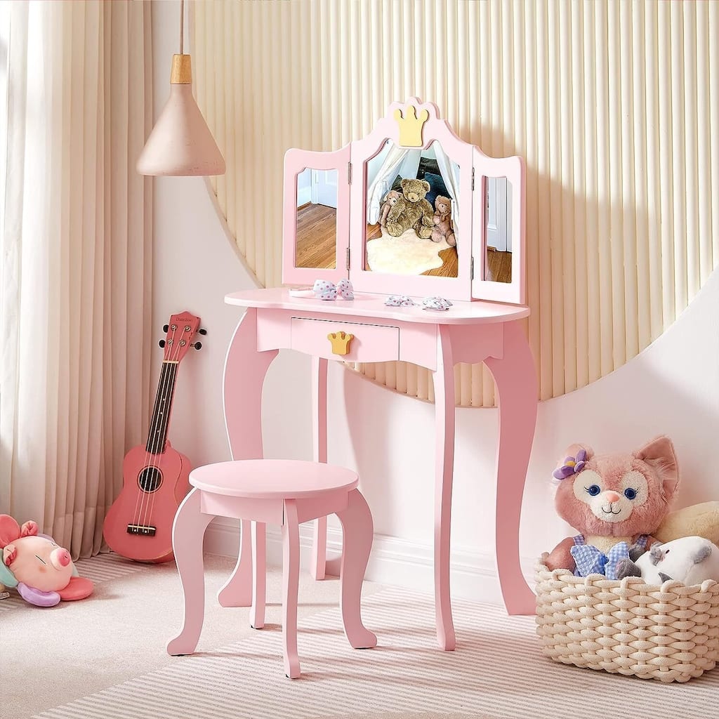 Kids Vanity Table with Tri-Folding Mirror & Drawer Makeup Desk