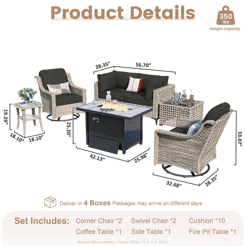 OVIOS 7 Pieces Outdoor Wicker Furniture Set With Solar-Powered Coffee Table&Fire Pit