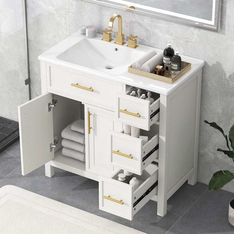 36" Bathroom Vanity with Sink Top, Two Doors and Three Drawers